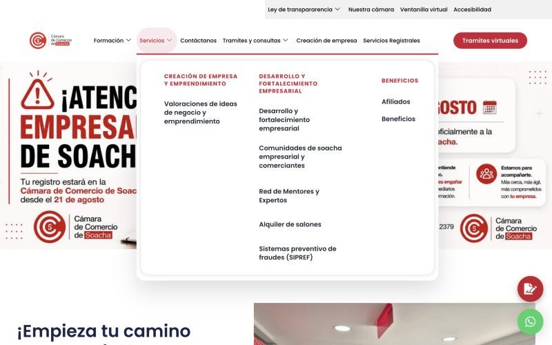 Mega-menú interactivo de Servicios y Registro Mercantil