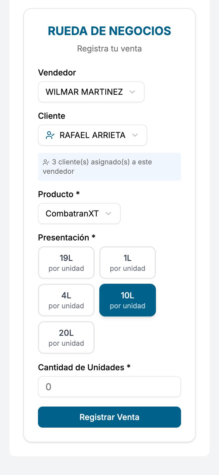 Formulario de registro ágil de ventas por presentación en litros