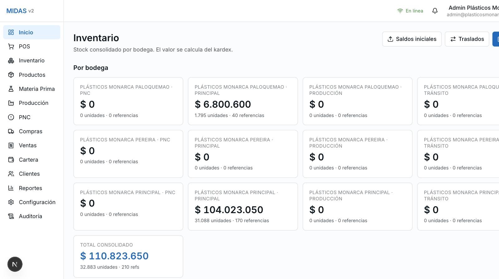 MIDAS v2: Inventario consolidado multi-sucursal en Plásticos Monarca