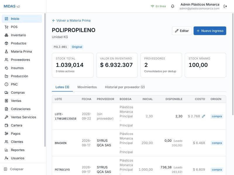 Control de lotes y materias primas (Polipropileno, consumo FIFO y valor de inventario)