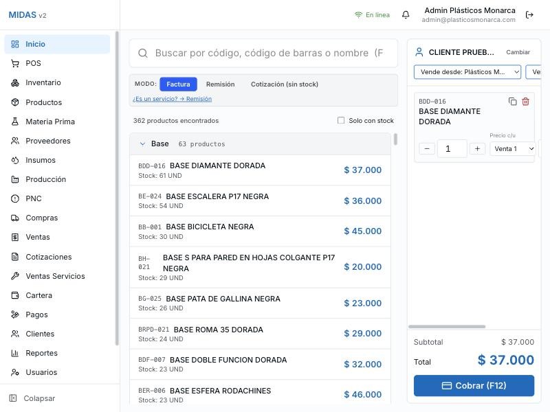 Punto de Venta Mostrador (Factura, Remisión, Cotización y catálogo visual con stock en tiempo real)